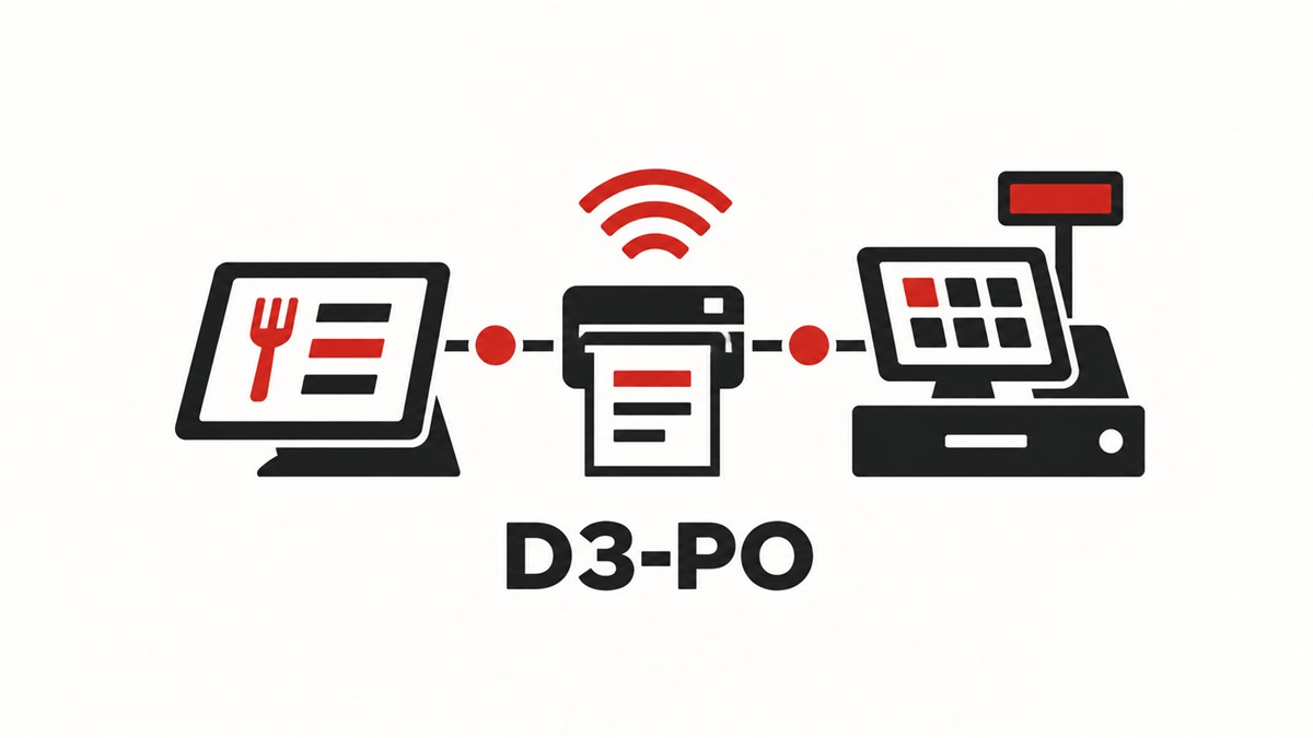注文、厨房、会計の連携を表すD3-POのシンボルイラスト