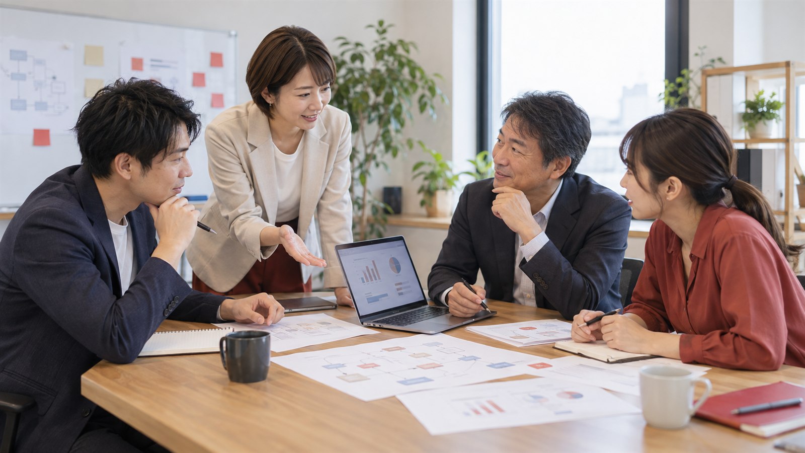 経営者、幹部、現場担当者がデータと業務フローを見ながらDXについて話し合う様子